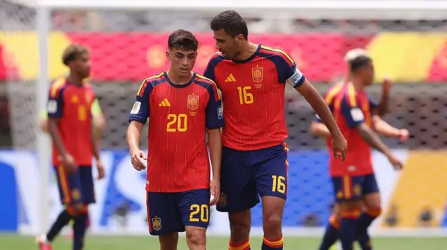 Rodri speaks to Pedri of Spain during the FIFA World Cup 2026 Round Of 32 match