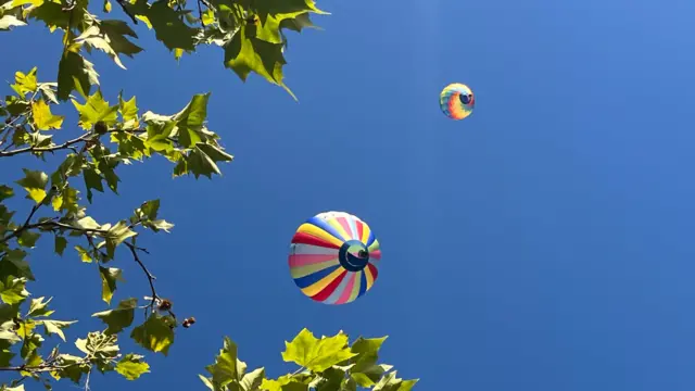 Two multi-coloured balloons above in the sky