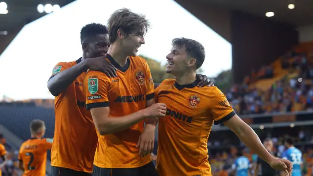 Wolves celebrate Fer Lopez's goal against Port Vale