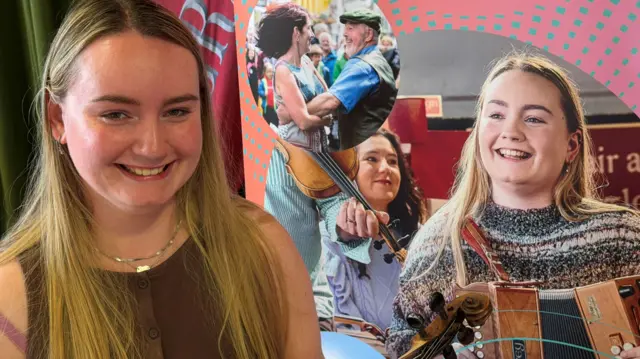 a blonde woman smiling next to a poster that features a picture of her playing the accordion