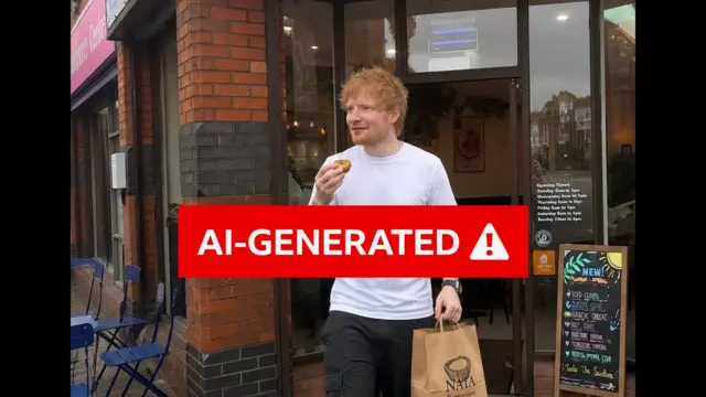 The image is covered with a red warning saying "AI-GENERATED" in the background there is a man with a white tee shirt and ginger hair, he is walking with a tart in his right hand and a brown paper bag in his left hand saying in black writing "NATA"