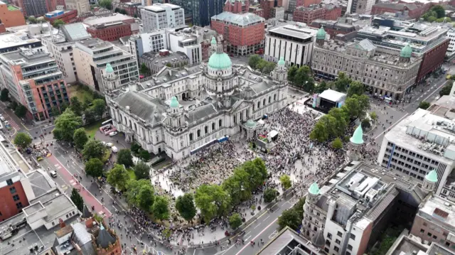 An ariel view of city hall oin Belfast