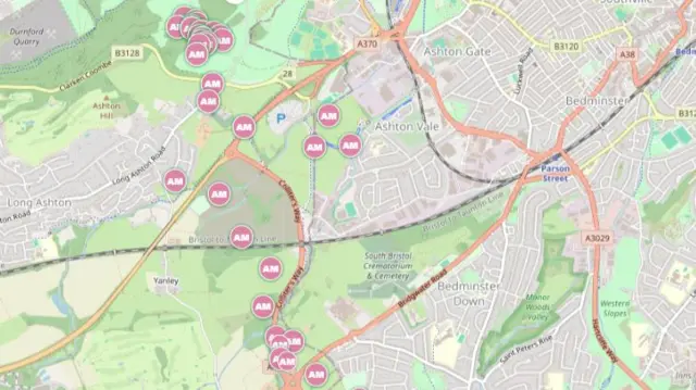 A map showing the location of balloons flying over Bristol.