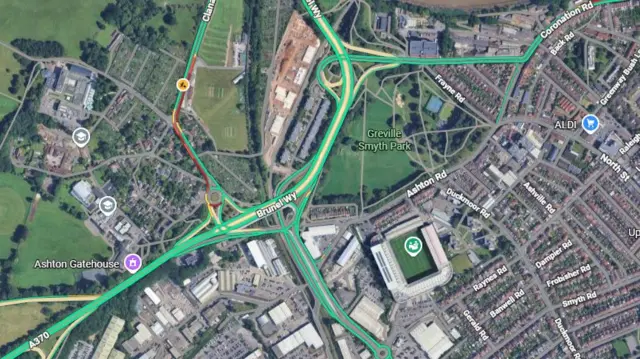 A Google Map of the south of Bristol, showing some traffic around the entrance to the site.