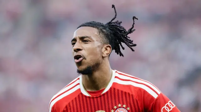 Michael Olise of Bayern München looks on during the DFB Cup Final 2026 match between FC Bayern München and VfB Stuttgart