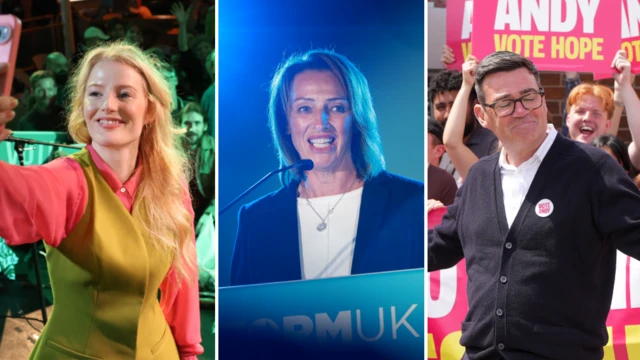 A composite image of (L) the Green Party's Hannah Spencer, (M) Reform UK's Sarah Pochin and (R) Labour's Andy Burnham after this respective by-election victories