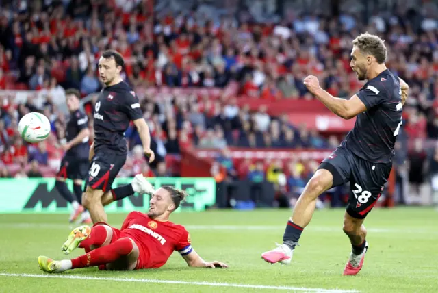 Wrexham's Sam Smith attempts a shot on goal during the Carabao Cup First Round match at the Riverside Stadium, Middlesbrough