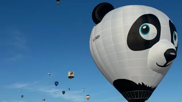 A panda ballon with others in the background