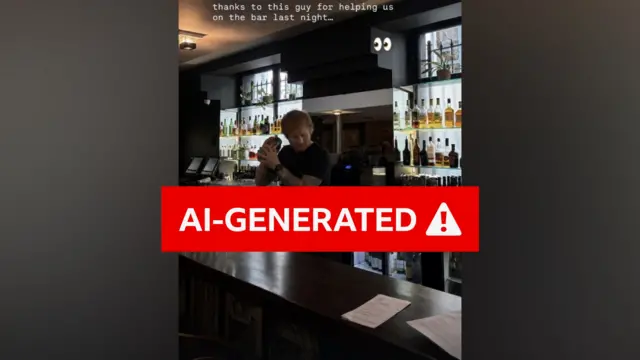The image is covered with a red warning saying "AI-GENERATED" in the background there is a man with a black tee shirt and ginger hair, standing behind a bar table holding a cocktail shaker.