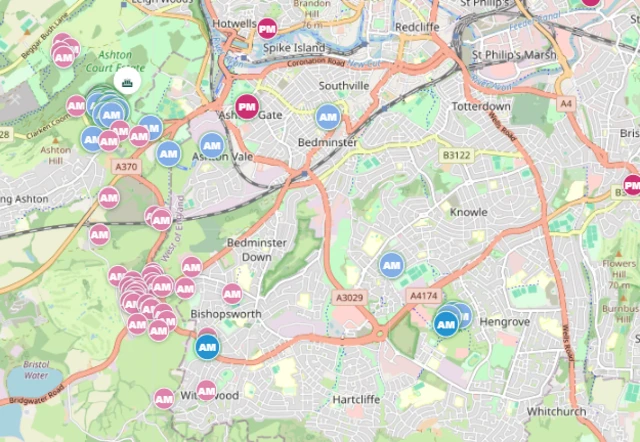 Map with light blue dots signifying balloons flying over southern Bristol.