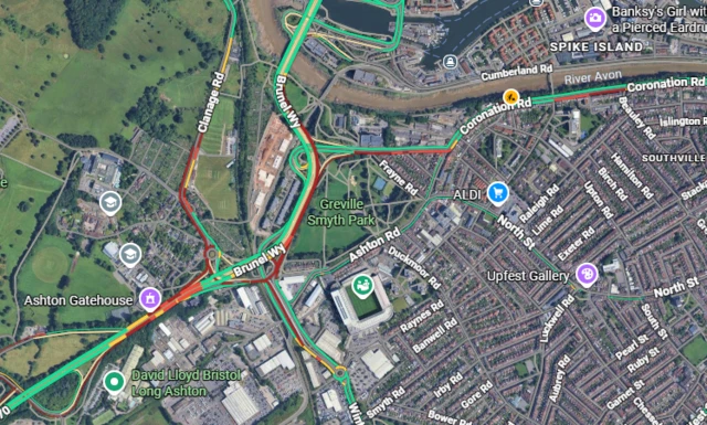 A Google Maps view of traffic around the parkland where the festival is held.