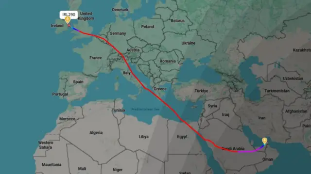 Map of Europe, the Middle East and northern Africa showing a flight path from Dubai to Ireland.