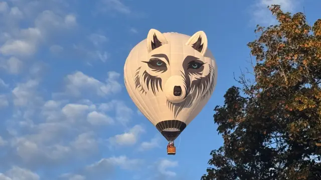 A white wolf-shaped hot air balloon.