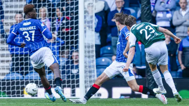 Callum Wright scores for Hibernian against Rangers