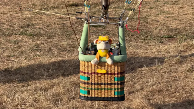 A small balloon basket with a teddy in it.