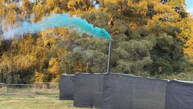 Green smoke is coming out of a black chimney in front of some trees.