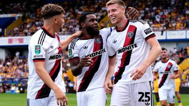 Sheffield United celebrate Mark McGuinness' goal against Mansfield Town