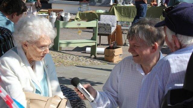 Tony Vale interviewing a couple celebrating their 60th wedding anniversary, who were guests at the Wymondham Diamond Jubilee celebrations