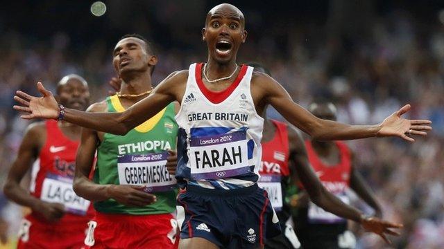 Britain"s Mo Farah reacts as he wins the men"s 5000m final at the London 2012 Olympic Games at the Olympic Stadium in this August 11, 2012 file photo.