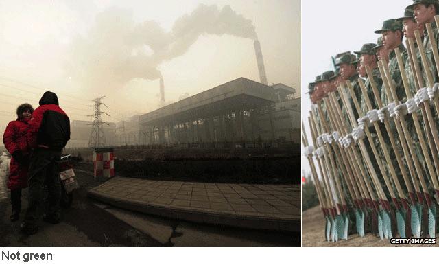 Chinese factory (left) and tree planting scheme workers (right)