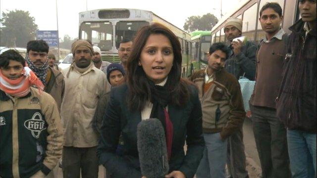 The BBC's Yogita Limaye at a bus stop