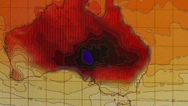 Weather chart of Australia showing purple patch of hot weather