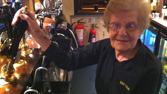 Dolly Saville, believed to be the oldest barmaid in the world