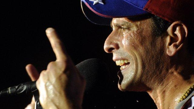 Opposition presidential candidate Henrique Capriles Radonski delivers a speech during the opening rally of his campaign in Maturin