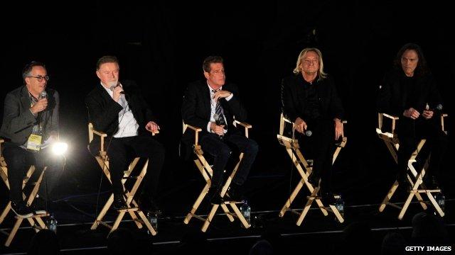 Director of the Sundance Film Festival John Cooper, Musicians Don Henley, Glenn Frey, Joe Walsh and Timothy B. Schmit of The Eagles speak at the "History Of The Eagles Part One" screening during Sundance London Film And Music Festival 2013 at Sky Superscreen O2 on April 25, 2013 in London,