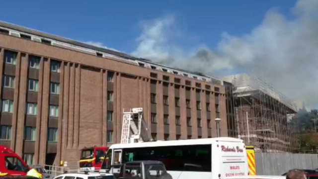 Smoke rises from the National Library of Wales