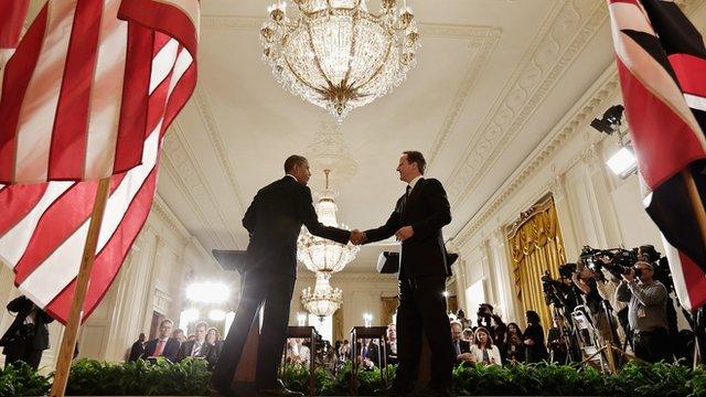 President Obama and Prime Minister Cameron in the East Room at the White House on Monday