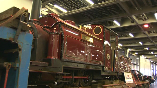 The steam train boards the ferry