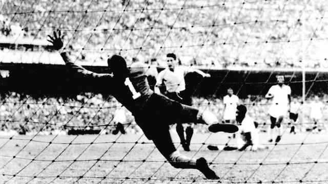 Uruguay score against Brazil in the 1950 World Cup final