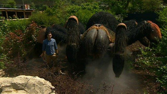 Joe with a giant robot tarantula