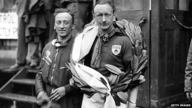 7th June 1931, Irish Grand Prix at Phoenix Park, Dublin, Sir Henry Birkin, right, with mechanic Gaboardi Allessandro, after winning the Grand Prix with an average speed of 88.8mph