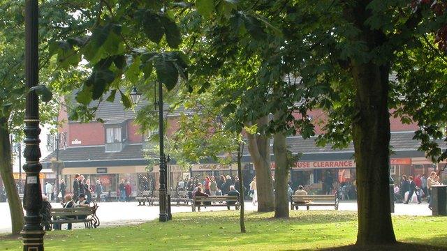 Looking towards Queen's Square in Wrexham town centre