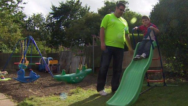 Mark Creswick standing (l) Harley on the slide (r)