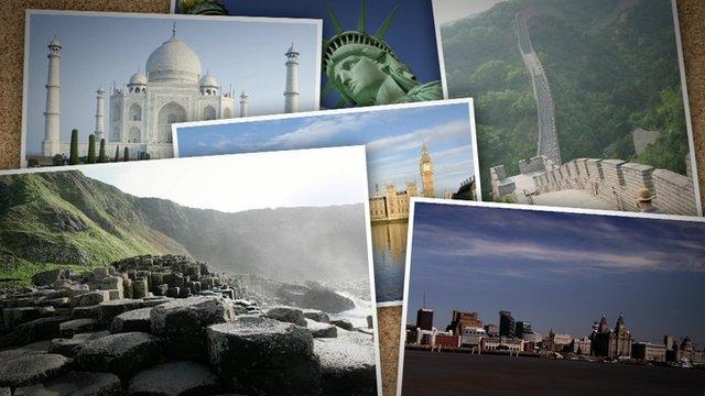 Postcards with pictures of some of the most famous world heritage sites.