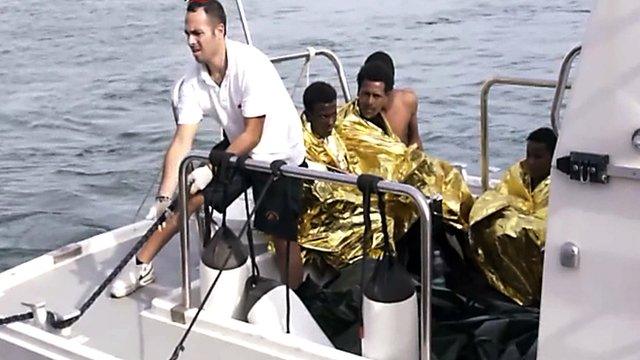 Surviving migrants aboard Italian coast guard vessel off Lampedusa, 3 Oct 13