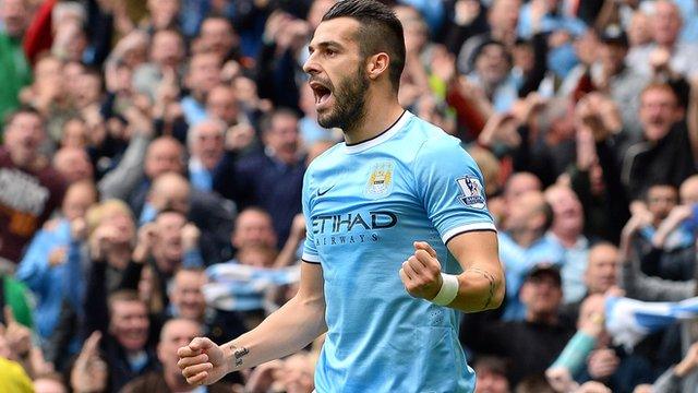 Manchester City's Alvaro Negredo celebrates his equaliser against Everton