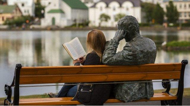 Woman reading in Reykjavik