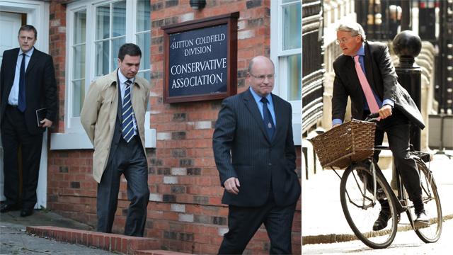 Left panel: Police Federation representatives Ken McKaill (R) Chris Jones (L) and Stuart Hinton; and right panel: Andrew Mitchell