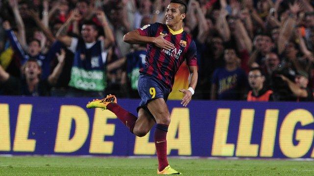 Alexis Sanchez celebrates after scoring for Barcelona against Real Madrid