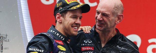 Sebastian Vettel and Adrian Newey celebrate the German's fourth world title