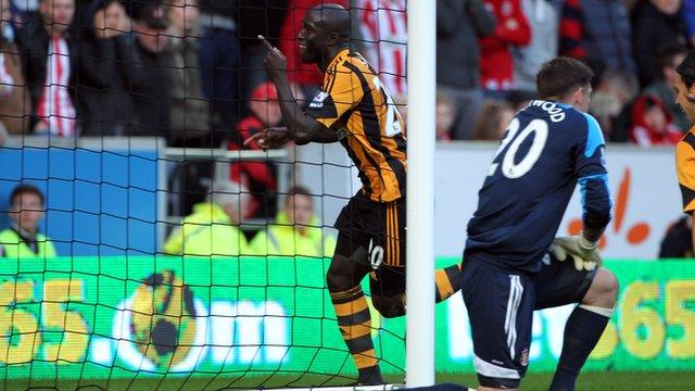 Hull's Yannick Sagbo celebrates Sunderland's own goal