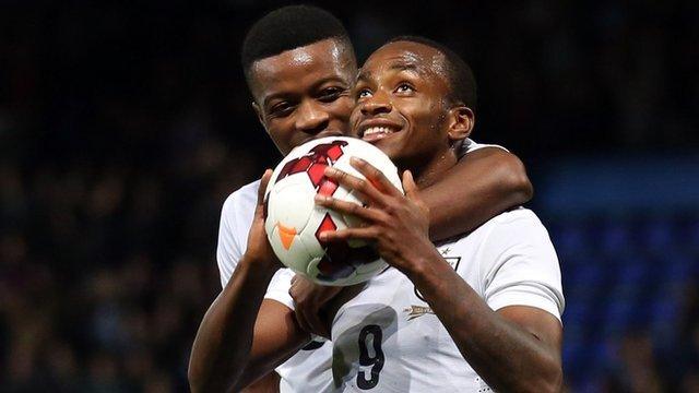 Saido Berahino celebrates scoring for England Under-21s