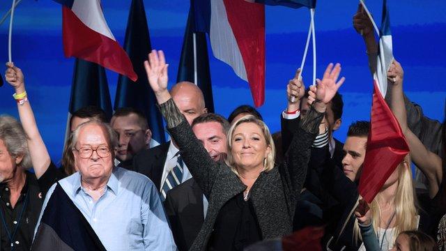 Marine Le Pen salutes at French FN rally - file pic