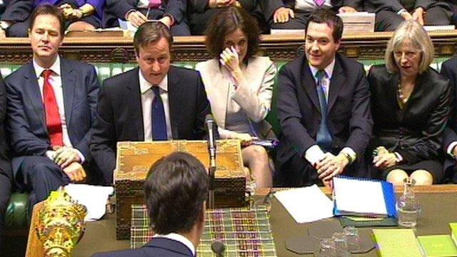 David Cameron and his cabinet colleagues watch as Ed Miliband takes the floor