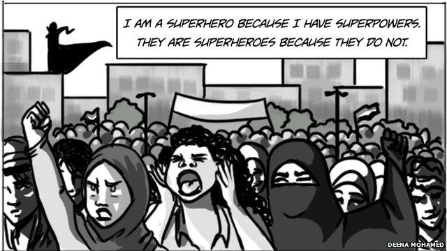 Scene from comic strip featuring Qahera