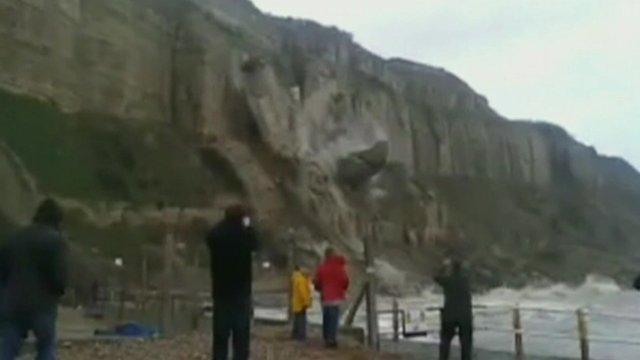 Part of the Rock-a-Nore cliff falls into the sea near Hastings